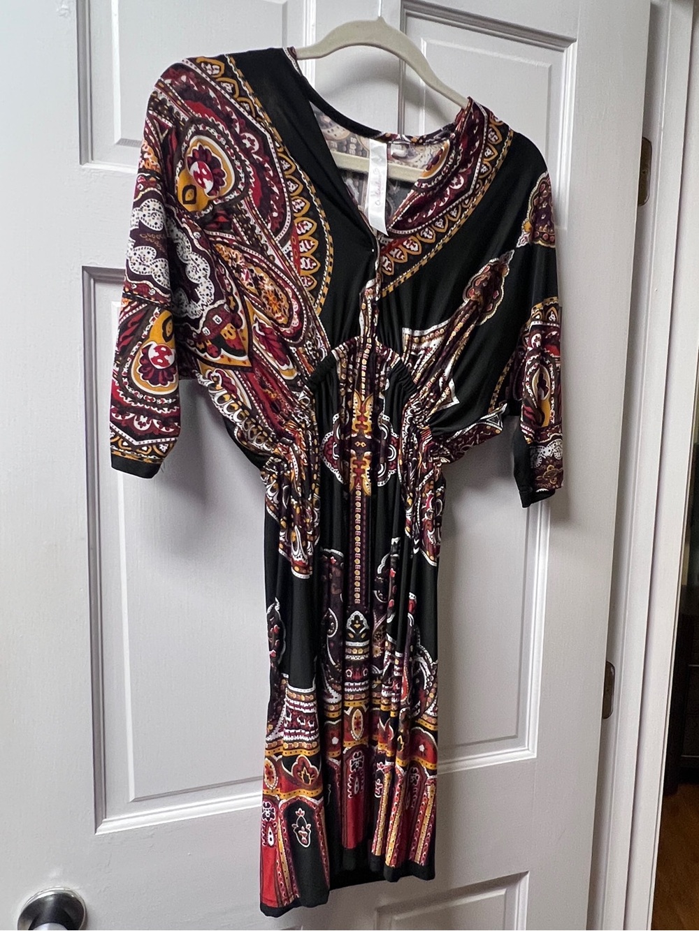 Women’s Black Paisley Print Midi Dress with Burgundy and Mustard Accents